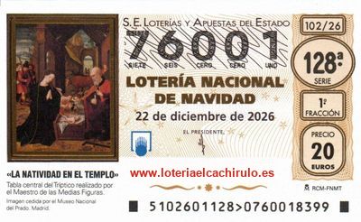 Anverso del d&eacute;cimo 76001 de la Loter&iacute;a de Navidad 2026, de Las Palmas de Gran Canaria (Las Palmas)